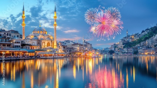 Celebratory fireworks display welcoming new year 2025 overlooking historic istanbul riverfront at dusk