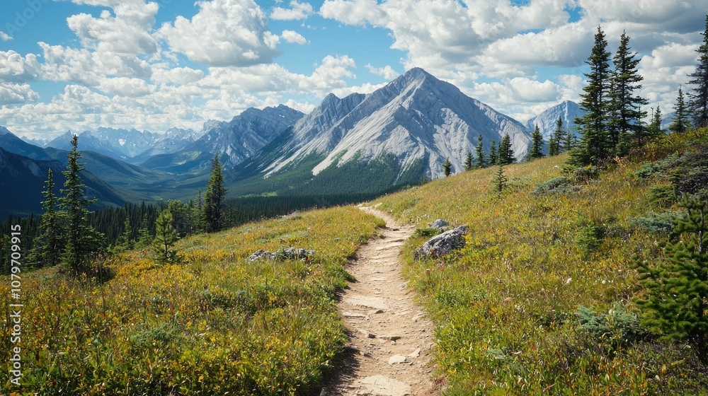 A scenic mountain view with a hiking trail leading to a picturesque summit as a travel destination A scenic mountain view with a hiking trail leading to a picturesque summit as a travel destination