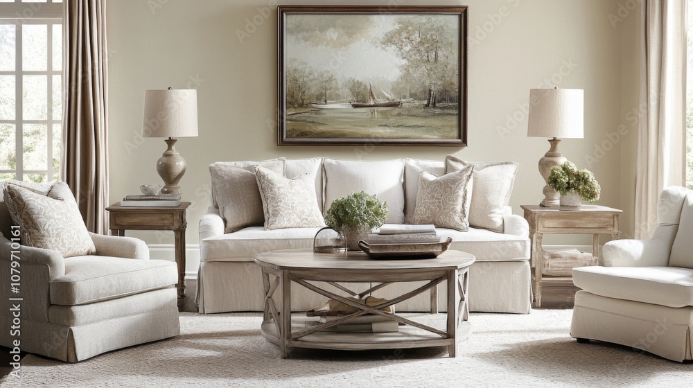 Cozy and Elegant Living Room with Soft Tones, Stylish Furniture, and Warm Natural Light Inviting Comfort and Serenity into Your Home Environment Cozy and Elegant Living Room with Soft Tones, Stylish Furniture, and Warm Natural Light Inviting Comfort and Serenity into Your Home Environment
