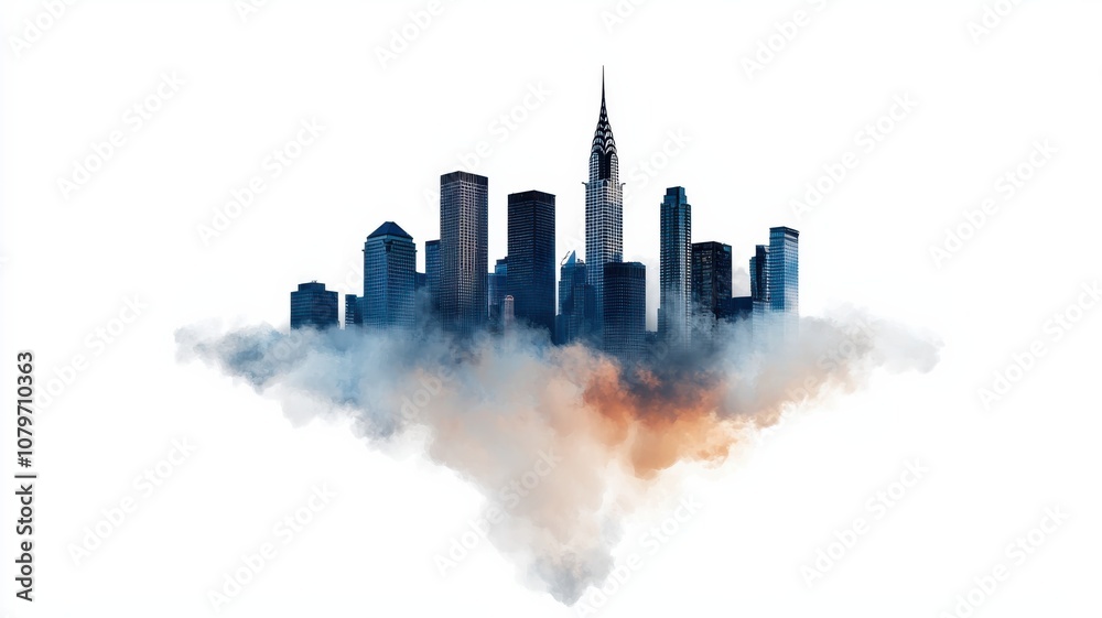 Fototapeta premium Economic Growth and Climate Change concept. A stylized city skyline emerges from cloud-like formations, combining an artistic approach with urban elements.
