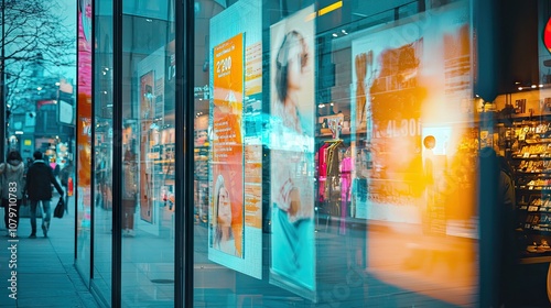 A store window with promotional posters advertising special discounts and sales