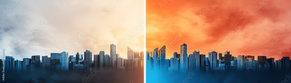 Fototapeta premium Globalization Trade War Concept. A split image of a city skyline, with contrasting atmospheres: one side features a calm blue hue, while the other showcases an intense fiery sunset.