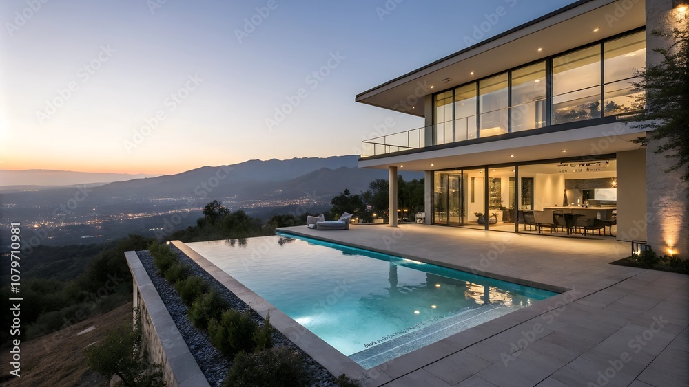 Fototapeta premium Modern house with amazing waterfall edge swimming pool with views over the city at dusk