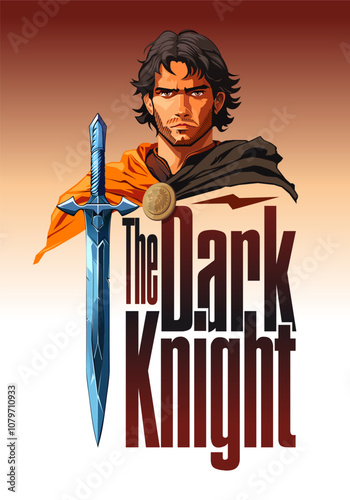 A comic book style poster featuring a knight in a cape and the words - The Dark Knight. Portrait of a medieval knight in a cloak. Vector illustration
