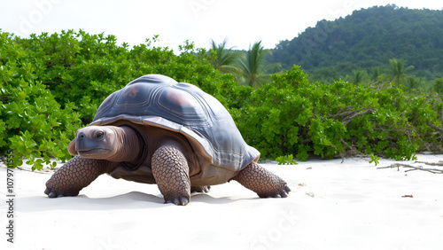 Majestic Aldabra giant tortoise roams freely on pristine white sandy beach surrounded by lush tropical vegetation near Praslin Island Seychelles. photo