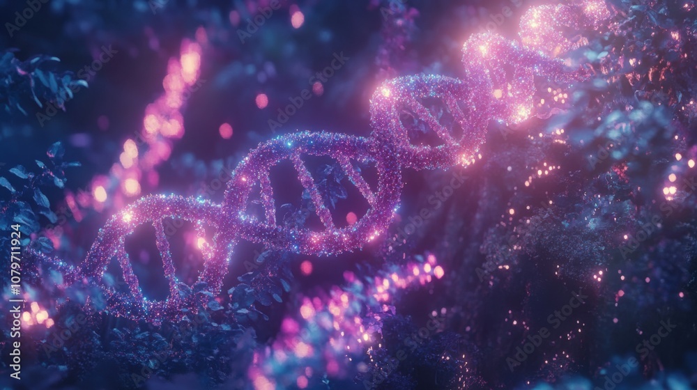 Glowing DNA Strand in Purple Forest Glowing DNA Strand in Purple Forest