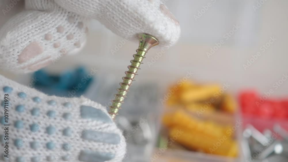 A closeup of a hand holding a screw, with a vibrant array of colorful tools behind