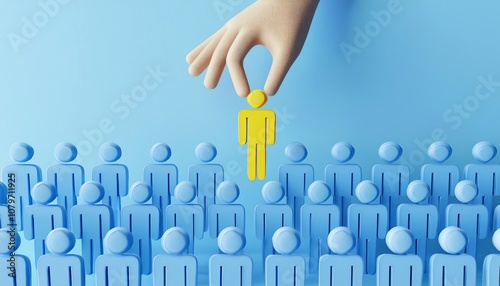 A hand selects a single yellow figure from a crowd of blue figures against a blue background, symbolizing distinction and choice.