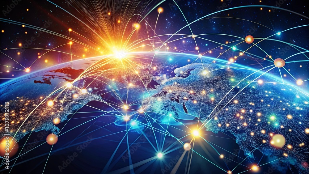 Obraz premium Global Network of Interconnected Lines and Nodes on a Blue Planet with a Glowing Starburst