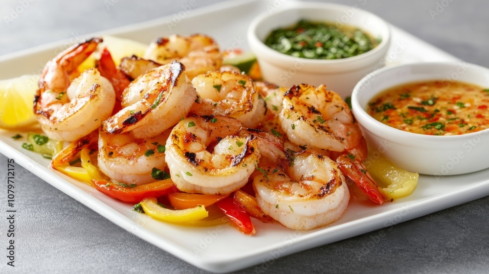 Grilled Shrimp Platter with Zesty Sauces and Fresh Vegetables Served on a White Plate Perfect for Culinary and Food Photography Grilled Shrimp Platter with Zesty Sauces and Fresh Vegetables Served on a White Plate Perfect for Culinary and Food Photography
