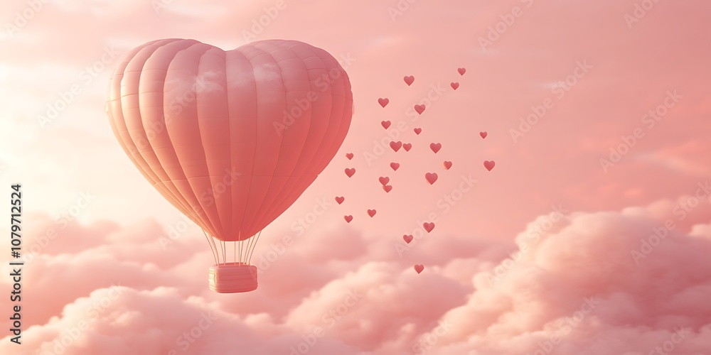 Fototapeta premium 3D heart-shaped hot air balloon with small hearts flying in the sky against a pink background, in a minimalistic style, cute and dreamy