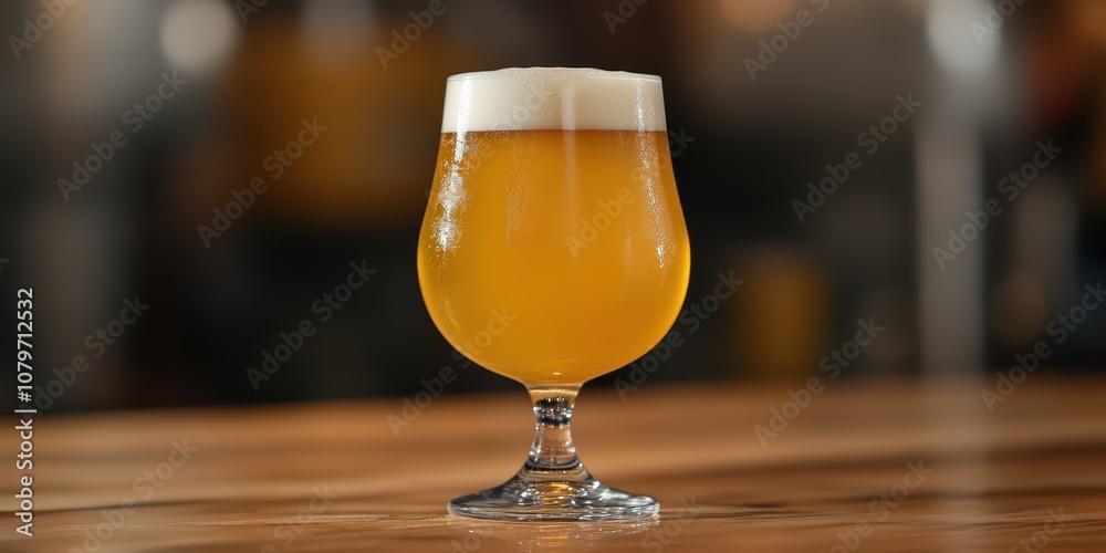 Freshly Poured Golden Beer in a Crystal Glass on a Wooden Bar Top, Highlighting the Rich Texture and Foam of Craft Beer in a Cozy Pub Setting Freshly Poured Golden Beer in a Crystal Glass on a Wooden Bar Top, Highlighting the Rich Texture and Foam of Craft Beer in a Cozy Pub Setting
