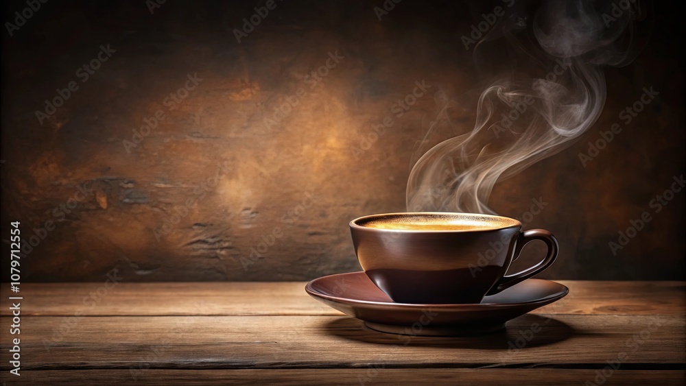 A Steaming Cup of Coffee on a Rustic Wooden Table with a Warm Brown Background A Steaming Cup of Coffee on a Rustic Wooden Table with a Warm Brown Background