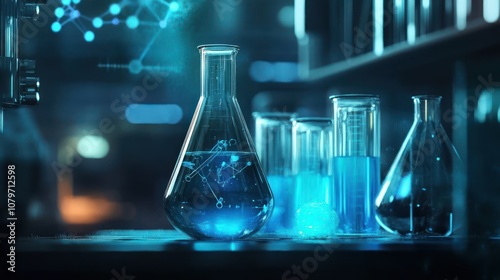 A lab scene featuring various glassware filled with glowing blue liquids, suggesting scientific experimentation.