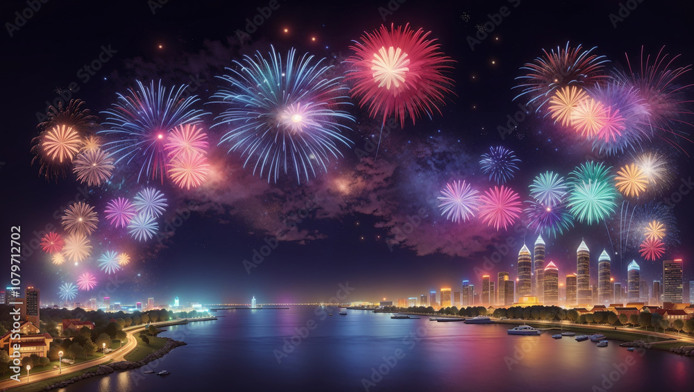 Many children with outstretched arms are holding colorful balloons. A fireworks display is above them, with Many children with outstretched arms are holding colorful balloons. A fireworks display is above them, with