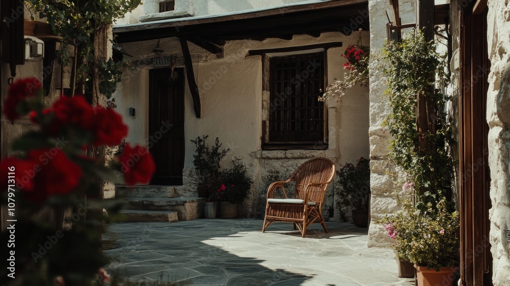 Fototapeta premium A serene courtyard with a wicker chair surrounded by flowers and stone pathways.
