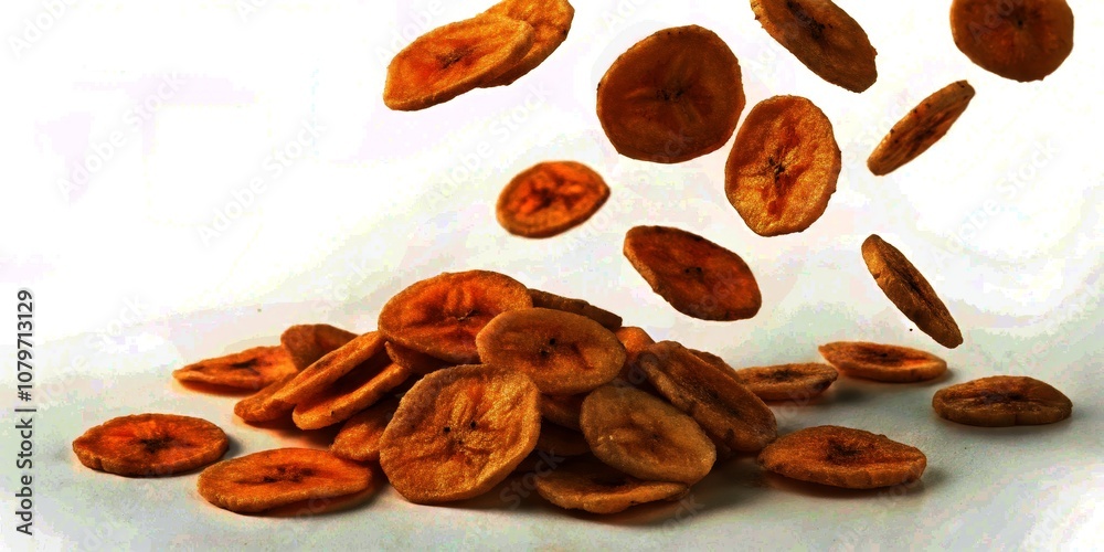 Obraz premium Crispy Banana Chips Falling Isolated on White Background - Perfect Snack Photography, Healthy Food, Delicious Treat, Vegetarian Snack, Gourmet Snack, Natural Ingredients, Crunchy Delight