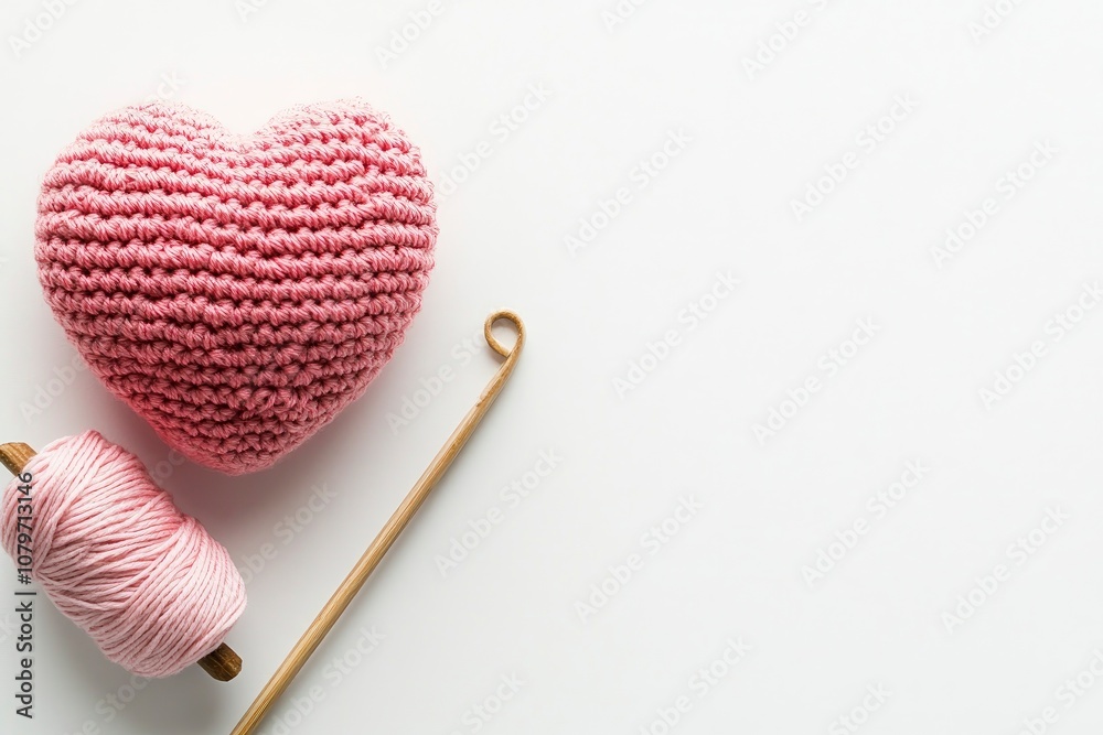 Crocheted amigurumi pink heart with crochet hook and skein of yarn on a white background. Valentine's day banner with a copyspace with generative ai Crocheted amigurumi pink heart with crochet hook and skein of yarn on a white background. Valentine's day banner with a copyspace with generative ai