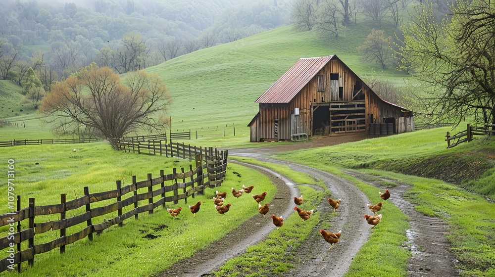 Rural Farm Scene with Chickens Walking on a Dirt Road Past a Barn Rural Farm Scene with Chickens Walking on a Dirt Road Past a Barn