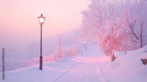 Serene winter landscape with snowy path and glowing street lamps.