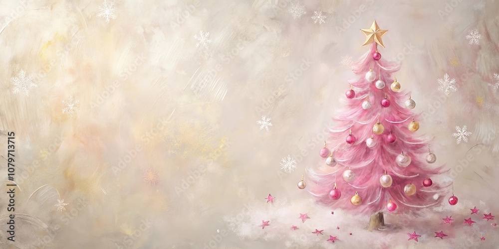 A Delicate Pink Christmas Tree Adorned with Ornaments and a Golden Star on a Soft, Whimsical Background A Delicate Pink Christmas Tree Adorned with Ornaments and a Golden Star on a Soft, Whimsical Background
