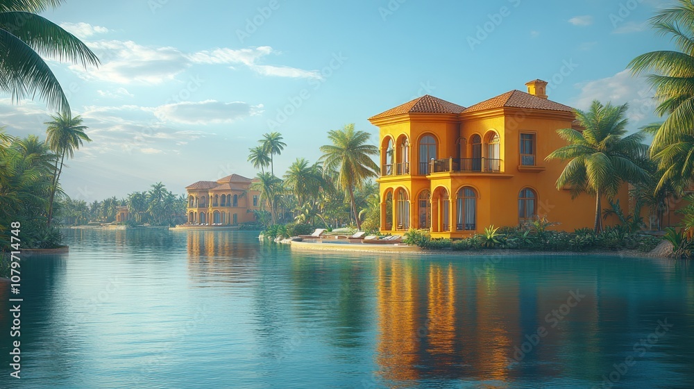 Obraz premium Scenic waterfront villas surrounded by lush palm trees and water.