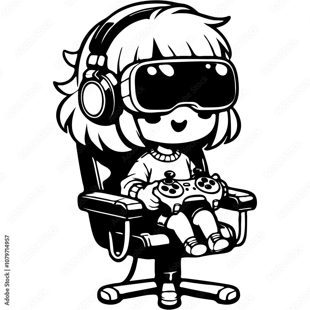 Girl playing computer game in virtual reality glasses with joystick sitting in computer chair in monochrome. Simple minimalistic vector in black ink drawing on transparent background Girl playing computer game in virtual reality glasses with joystick sitting in computer chair in monochrome. Simple minimalistic vector in black ink drawing on transparent background