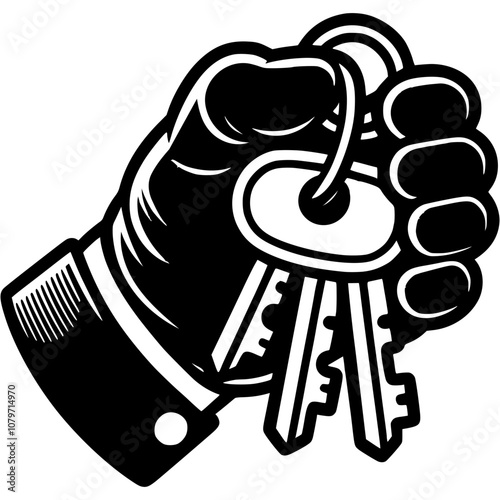 Hand of a burglar holding a bunch of keys for picking a lock in monochrome. Simple minimalistic vector in black ink drawing on transparent background