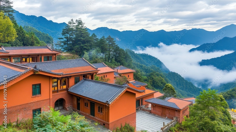 Scenic view of orange buildings nestled in mountains with clouds and greenery. Scenic view of orange buildings nestled in mountains with clouds and greenery.