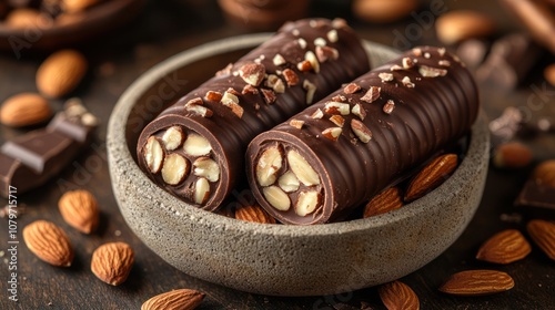 Two chocolate rolls filled with almonds in a grey bowl on a dark wooden table with almonds scattered around. photo