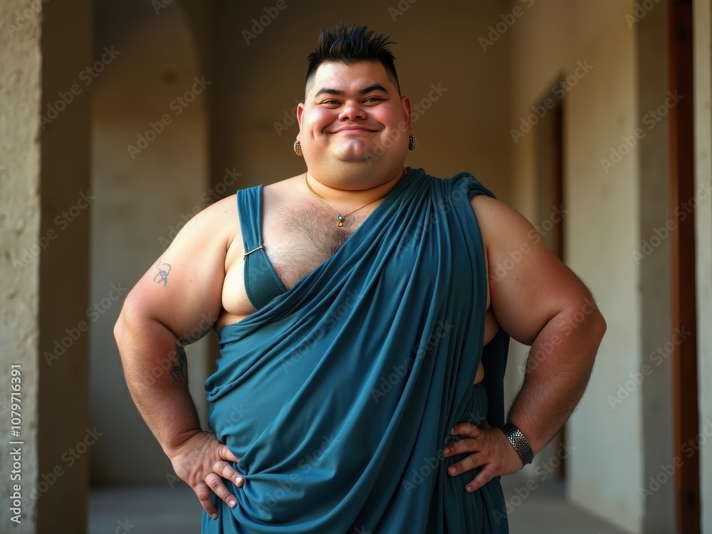 Man wearing teal draped garment confidently poses in historical corridor, highlighting his cultural attire and sense of pride in his identity. Tattooed person Fat, obesity, plus size body positivity Man wearing teal draped garment confidently poses in historical corridor, highlighting his cultural attire and sense of pride in his identity. Tattooed person Fat, obesity, plus size body positivity
