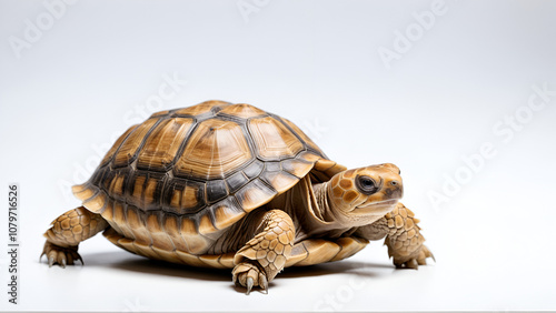 Cute small baby African Sulcata Tortoise in front of white background, African spurred tortoise isolated white background studio lighting,Cute animal photo