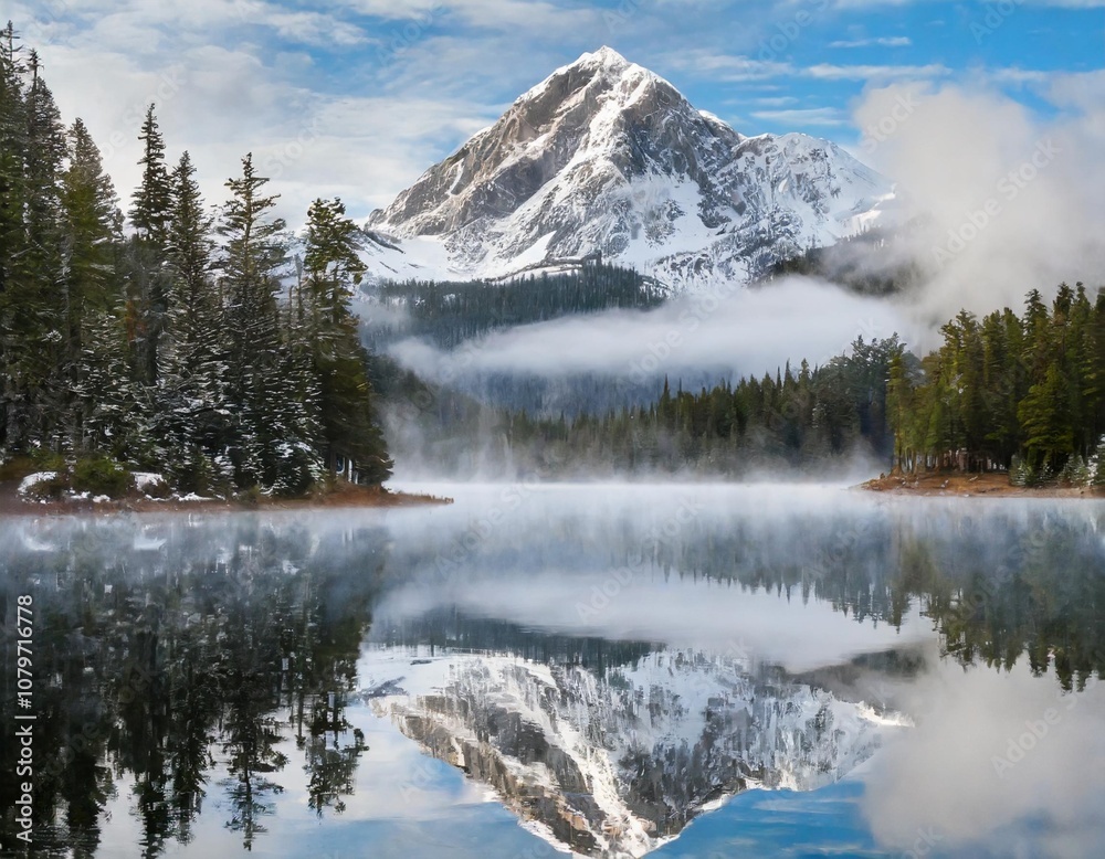 A Snow-Capped Mountain Peak Reflecting in a Clear Alpine Lake, Surrounded by Towering Pine Trees and Blanketed in Morning Mist for a Serene Nature Landscape A Snow-Capped Mountain Peak Reflecting in a Clear Alpine Lake, Surrounded by Towering Pine Trees and Blanketed in Morning Mist for a Serene Nature Landscape