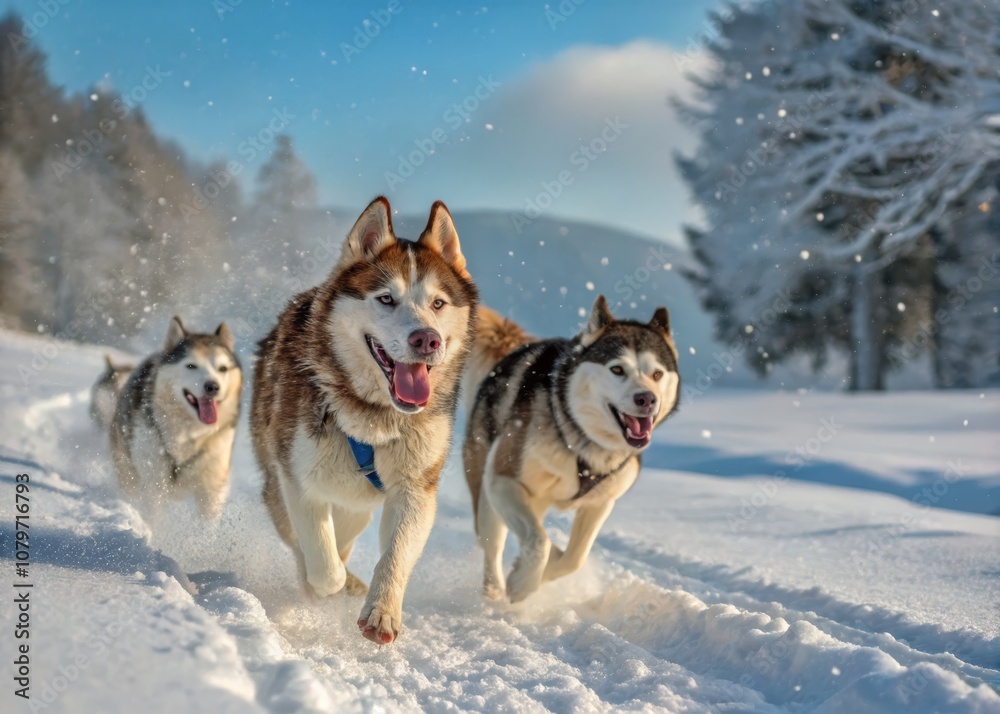 Naklejka premium Front View of Four Siberian Huskies Racing in Winter Landscape - Dynamic Action Shot of Sled Dogs in Snowy Environment