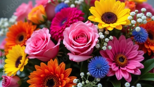 Lush bouquet of flowers, diverse blooms, pink roses, dahlias, lantana, sunflowers, thistle, baby's breath, eucalyptus