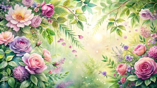 A Delicate Watercolor Painting of Lush Floral Arrangements with Vibrant Rose Blooms and Delicate Greenery
