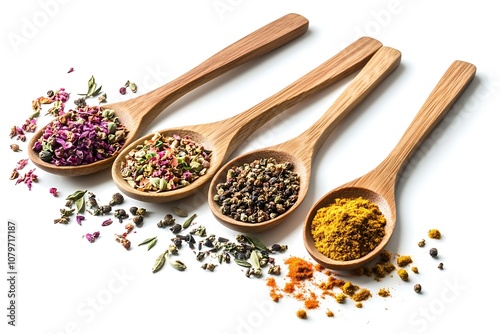 White background, ssortment of colorful spices in the wooden spoons photo