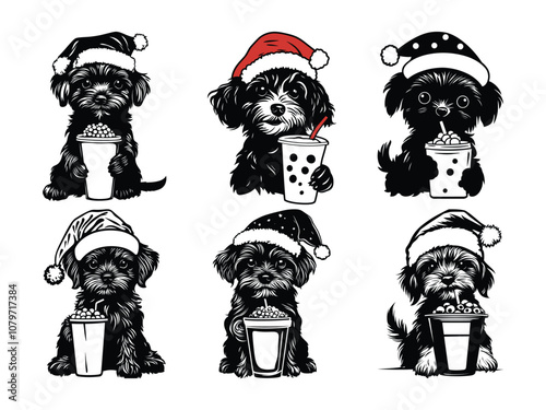 Festive Papillon Dog Silhouettes with Santa Hats and Holiday Accessories
