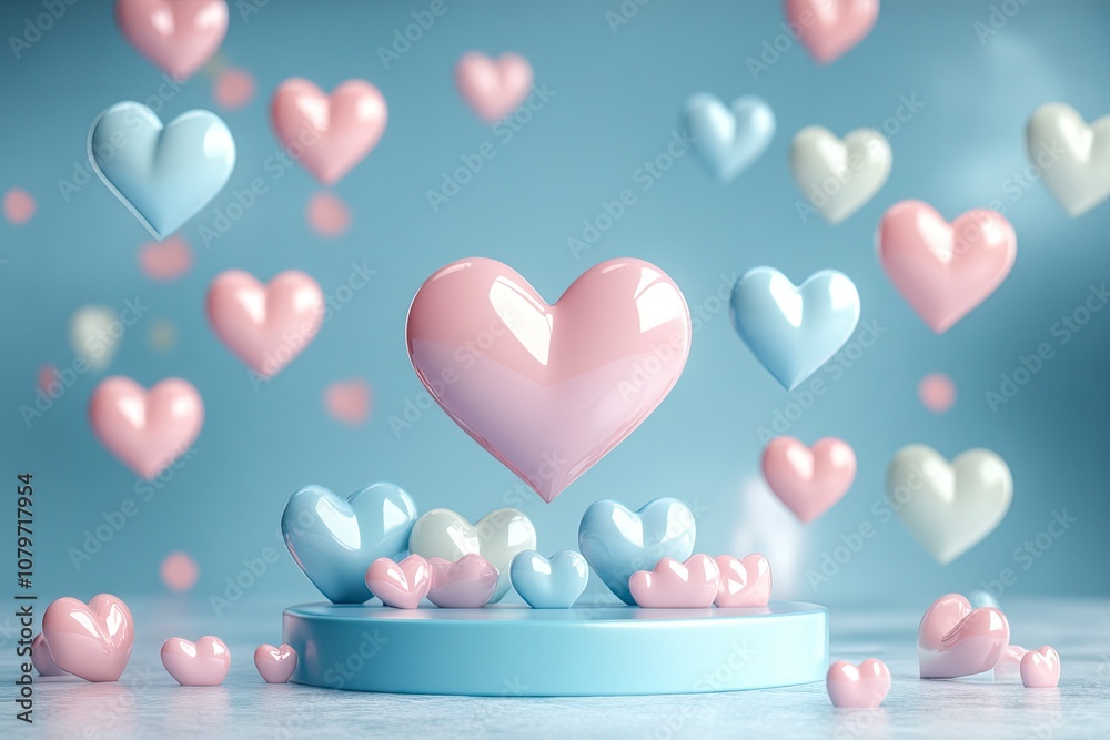 Happy St Valentines day podium display with flying blue pastel pink heart shape, 3D rendering illustration. Romantic love design template with generative ai Happy St Valentines day podium display with flying blue pastel pink heart shape, 3D rendering illustration. Romantic love design template with generative ai