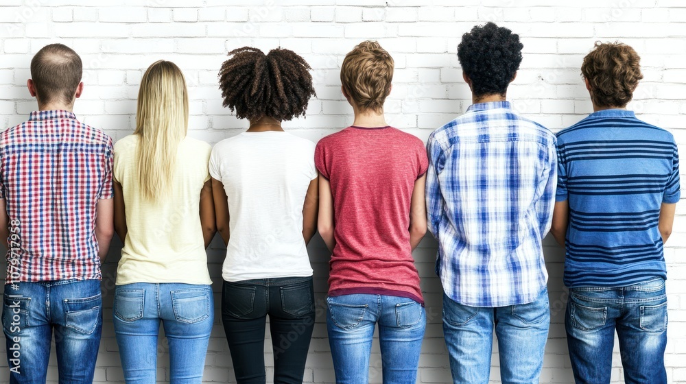 A group of diverse individuals standing in a line against a white brick wall. A group of diverse individuals standing in a line against a white brick wall.
