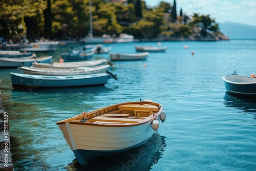 Wallpaper Mural Small white wooden boat in a calm bay with other boats in the distance. Torontodigital.ca