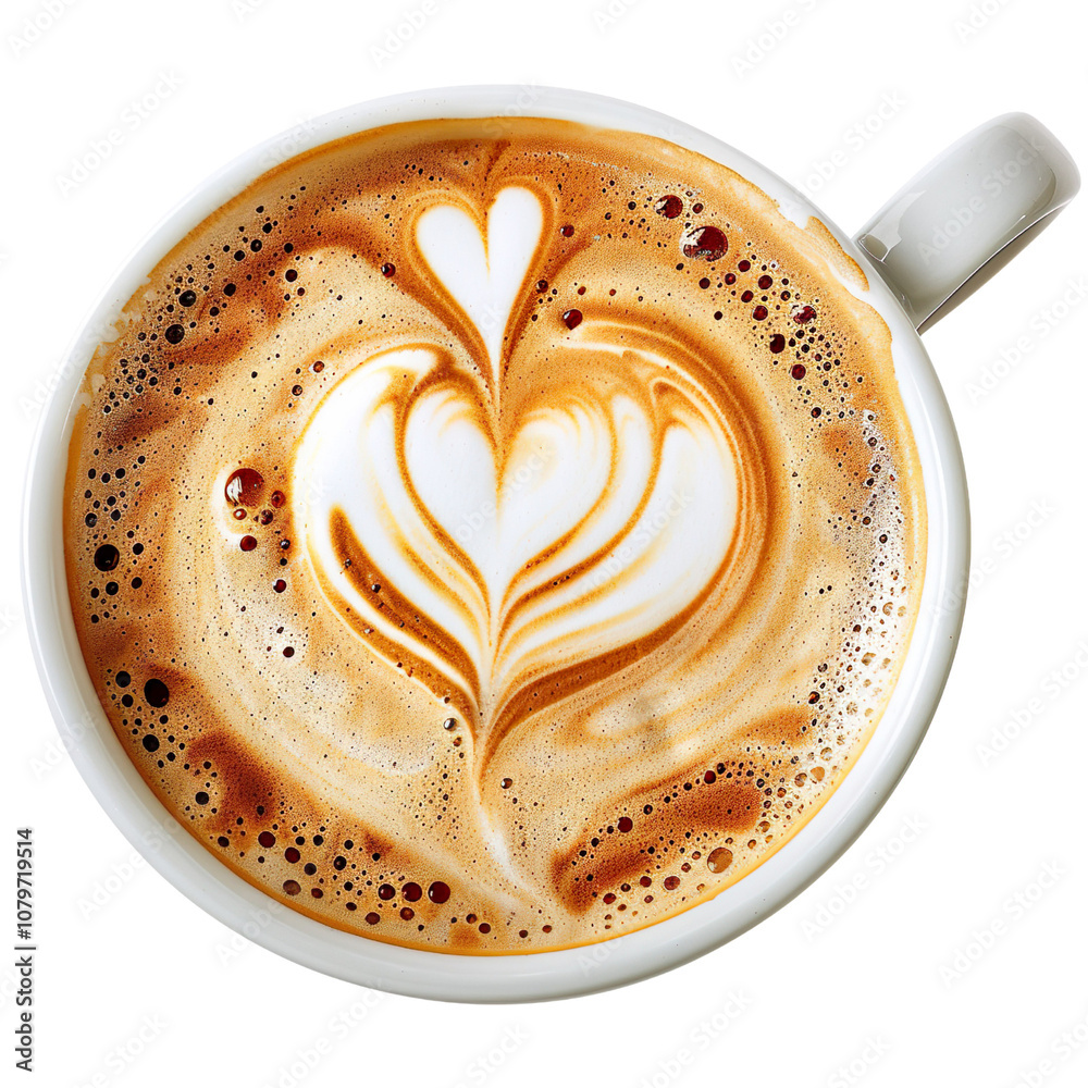 A latte with a heart-shaped foam art isolated on a transparent background A latte with a heart-shaped foam art isolated on a transparent background