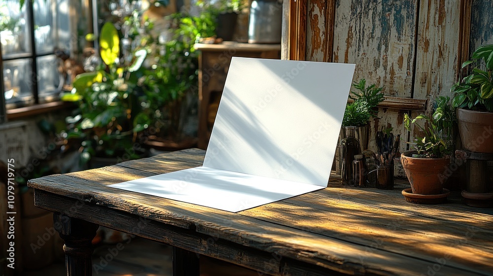 A blank canvas on a rustic table surrounded by plants. A blank canvas on a rustic table surrounded by plants.