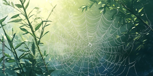 Morning light on a dew-covered spider web among plants