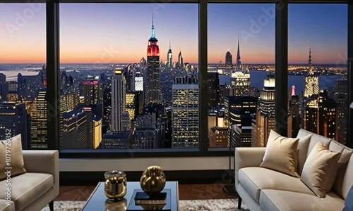 Luxurious lounge in the apartment with large windows and views of the New York skyline at night