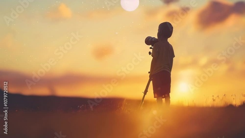 Silhouette of a child looking through a telescope at dusk, with stars visible in a warm, dreamy sunset sky.