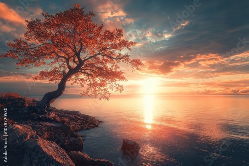 Solitary tree with red leaves on a rocky shore at sunset.