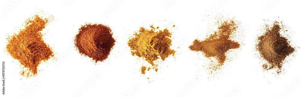 White background, set spices pile, oregano, red paprika powder, turmeric, cinnamon, ginger White background, set spices pile, oregano, red paprika powder, turmeric, cinnamon, ginger