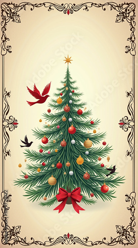 A festive winter border design featuring a decorated Christmas tree, holiday decorations, and a bird, set against a soft background