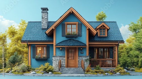 Charming blue house with wooden accents and landscaped surroundings.